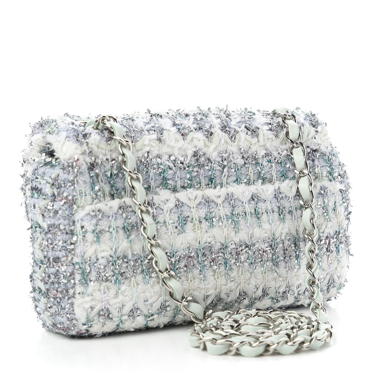 Chanel Tweed Quilted Mini Rectangular Flap Light Green Silver White 3 of 10