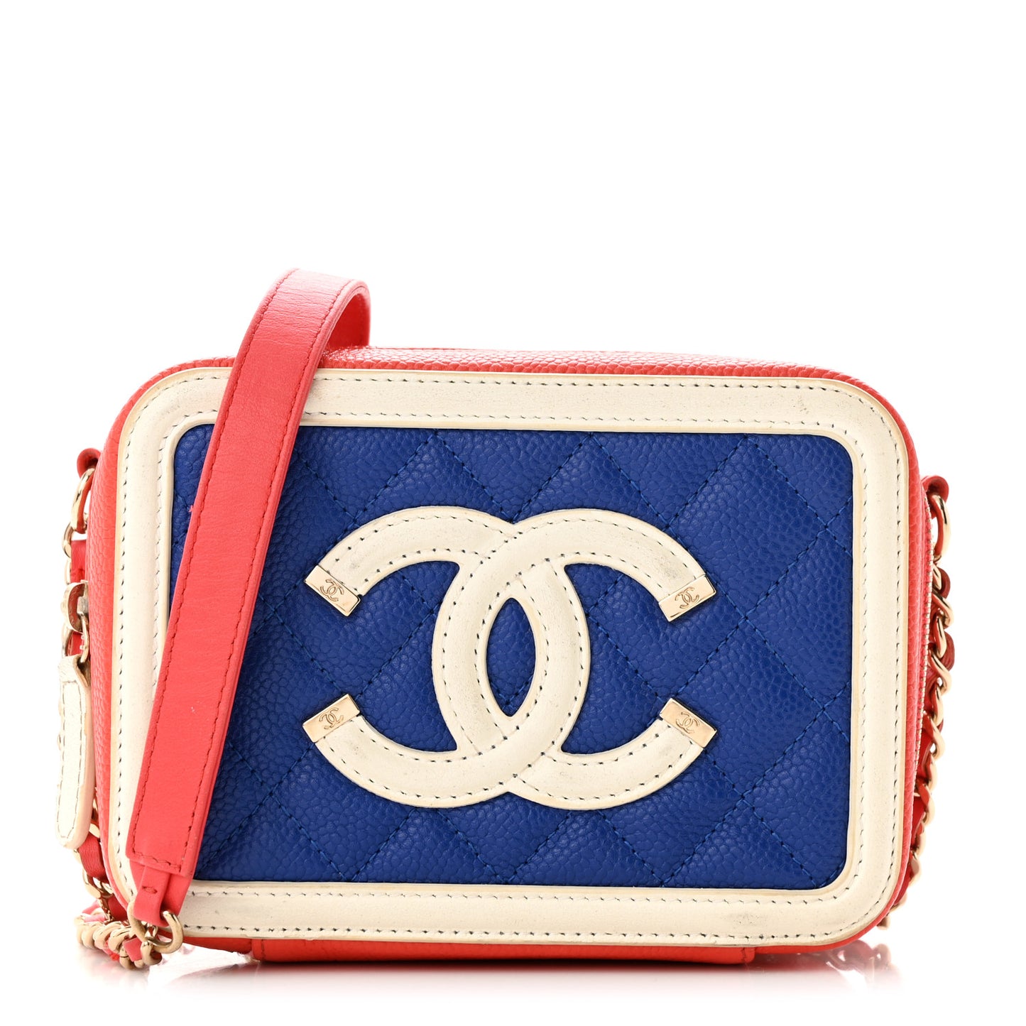 Caviar Quilted Filigree Vanity Clutch With Chain Blue White Red