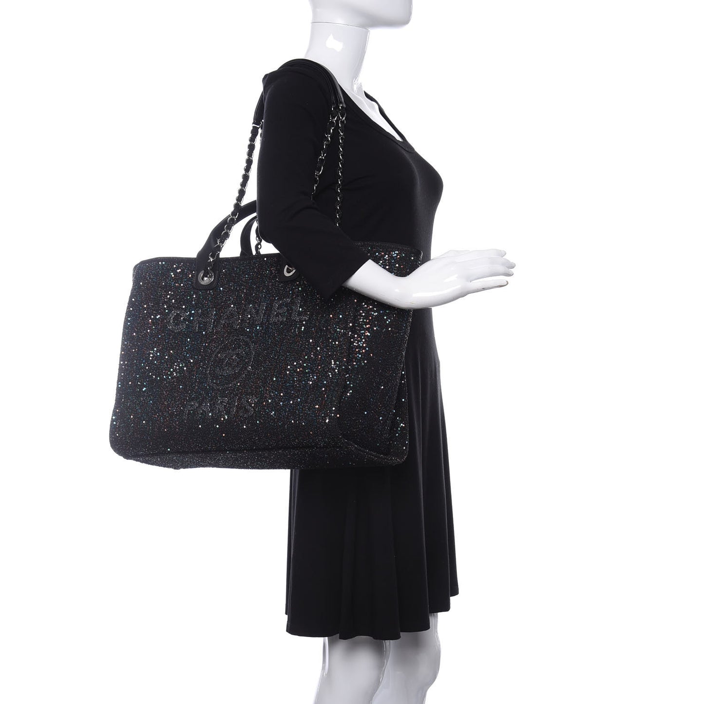 Calfskin Sequin Medium Deauville Tote Black