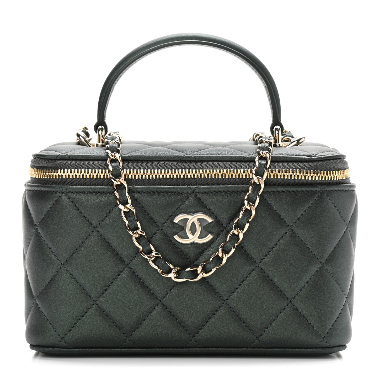 Iridescent Lambskin Quilted Small Top Handle Vanity Case With Chain Green