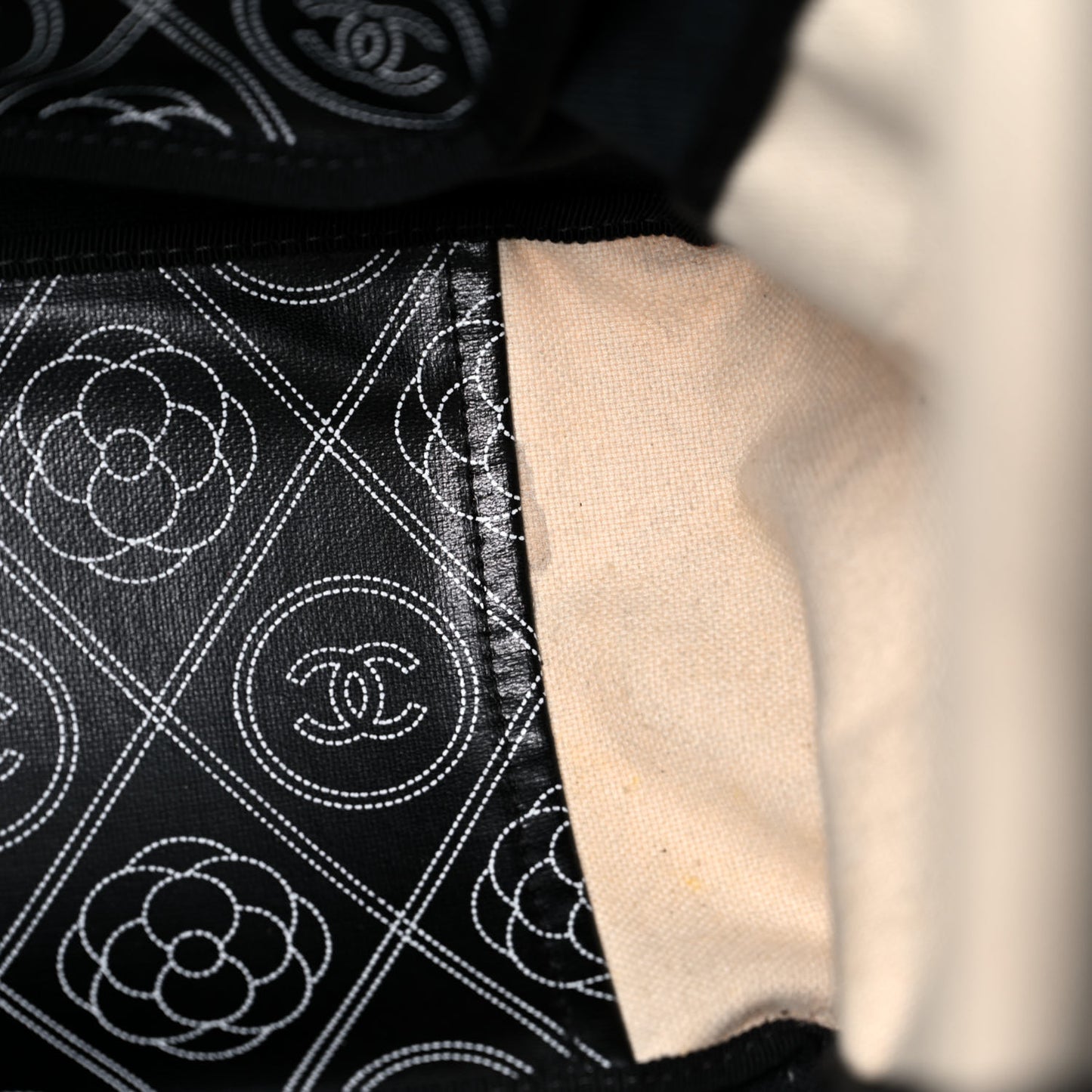 Coated Canvas Camellia Medium Shopping Tote Black Beige
