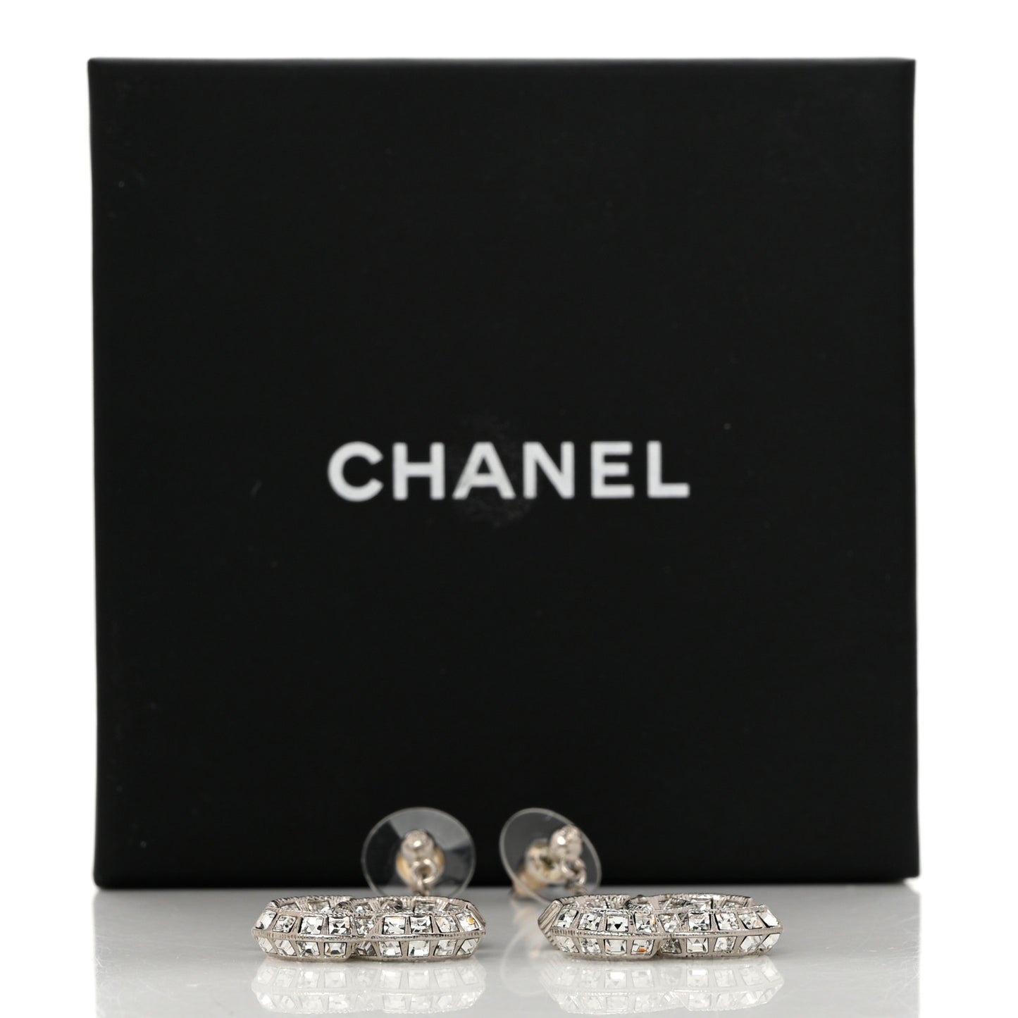 Baguette Crystal CC Drop Earrings Silver