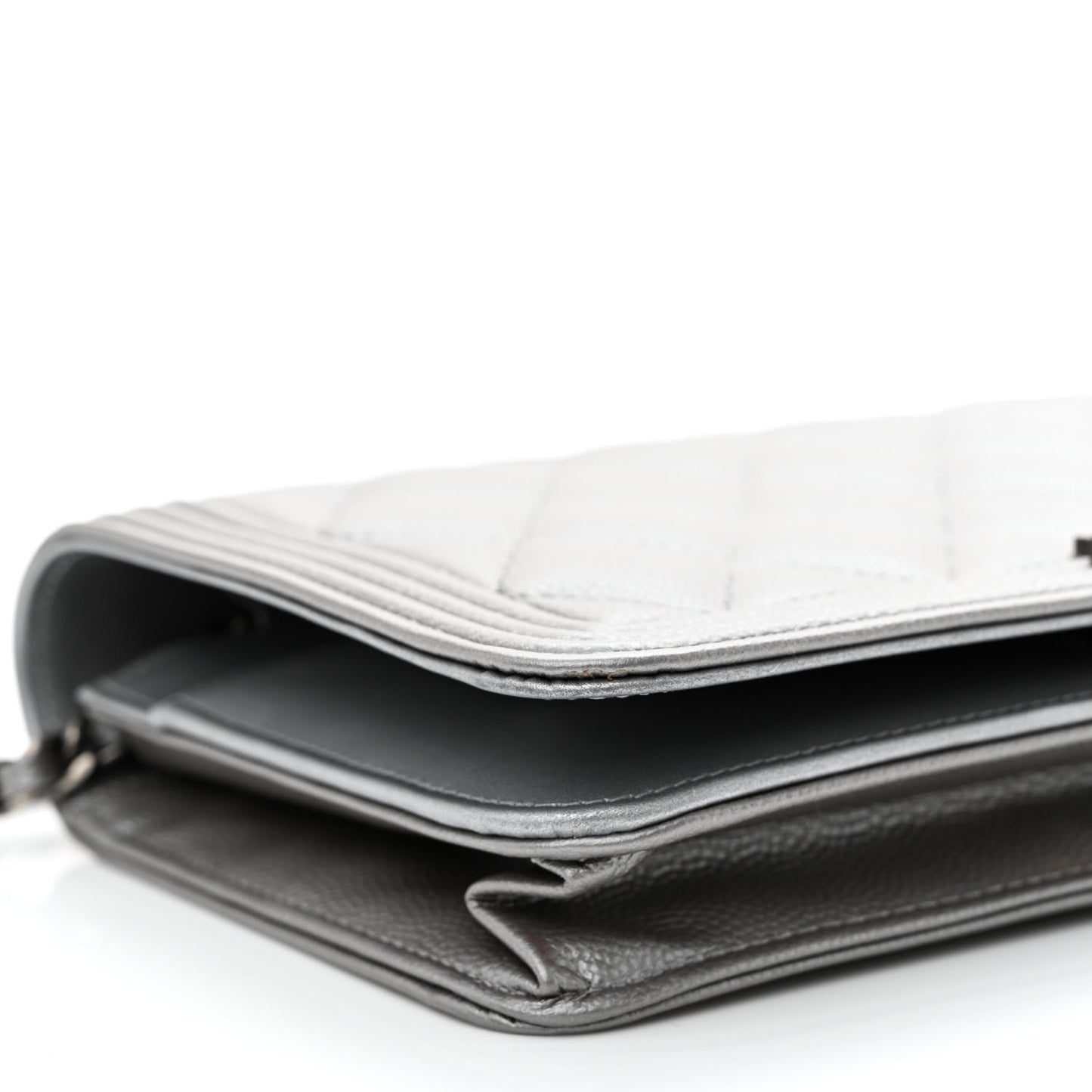 Metallic Caviar Quilted Boy Wallet On Chain WOC Silver