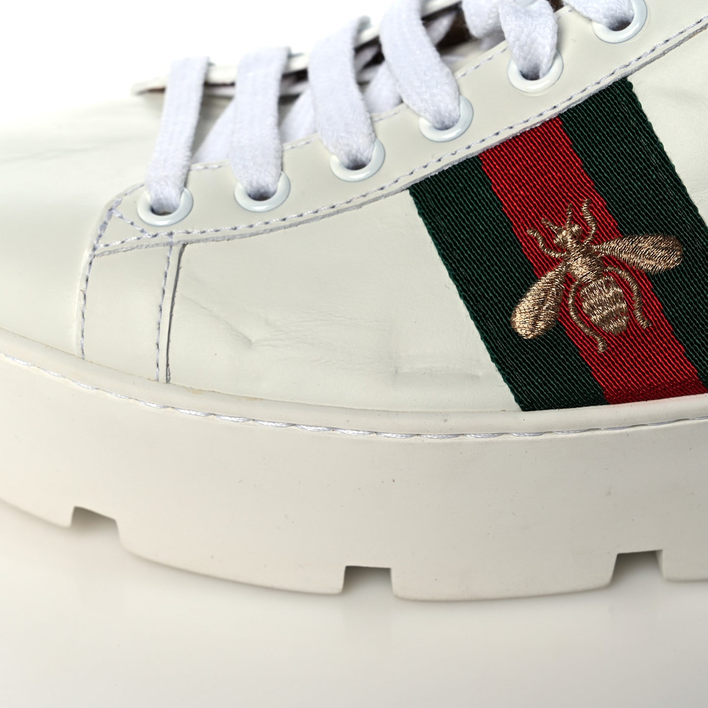 Calfskin Web Bee Embroidered Womens Ace Platform Sneakers 36.5 White
