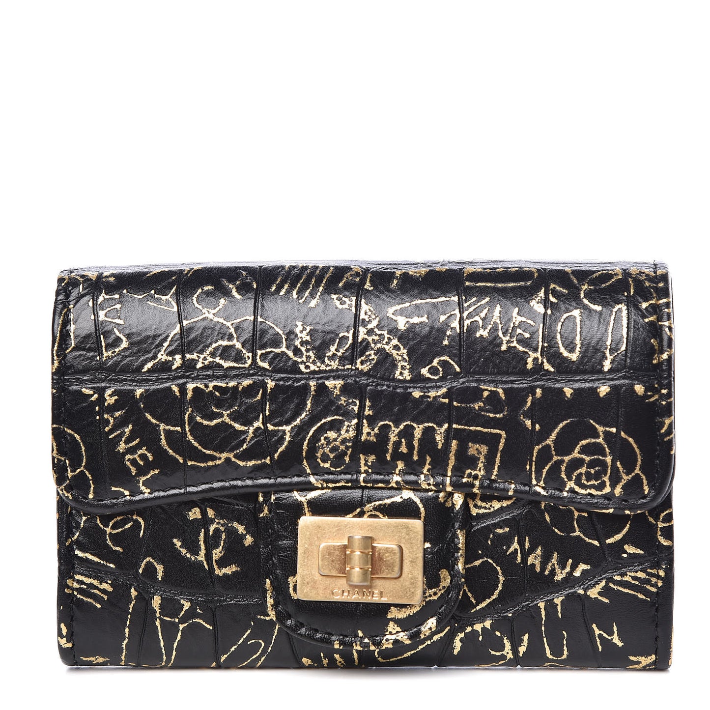 Calfskin Crocodile Embossed Graffiti Reissue Card Holder Wallet Black Gold