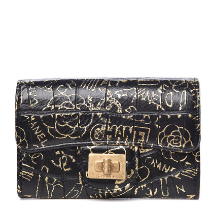 Chanel Calfskin Crocodile Embossed Graffiti Reissue Card Holder Wallet Black Gold 1 of 8