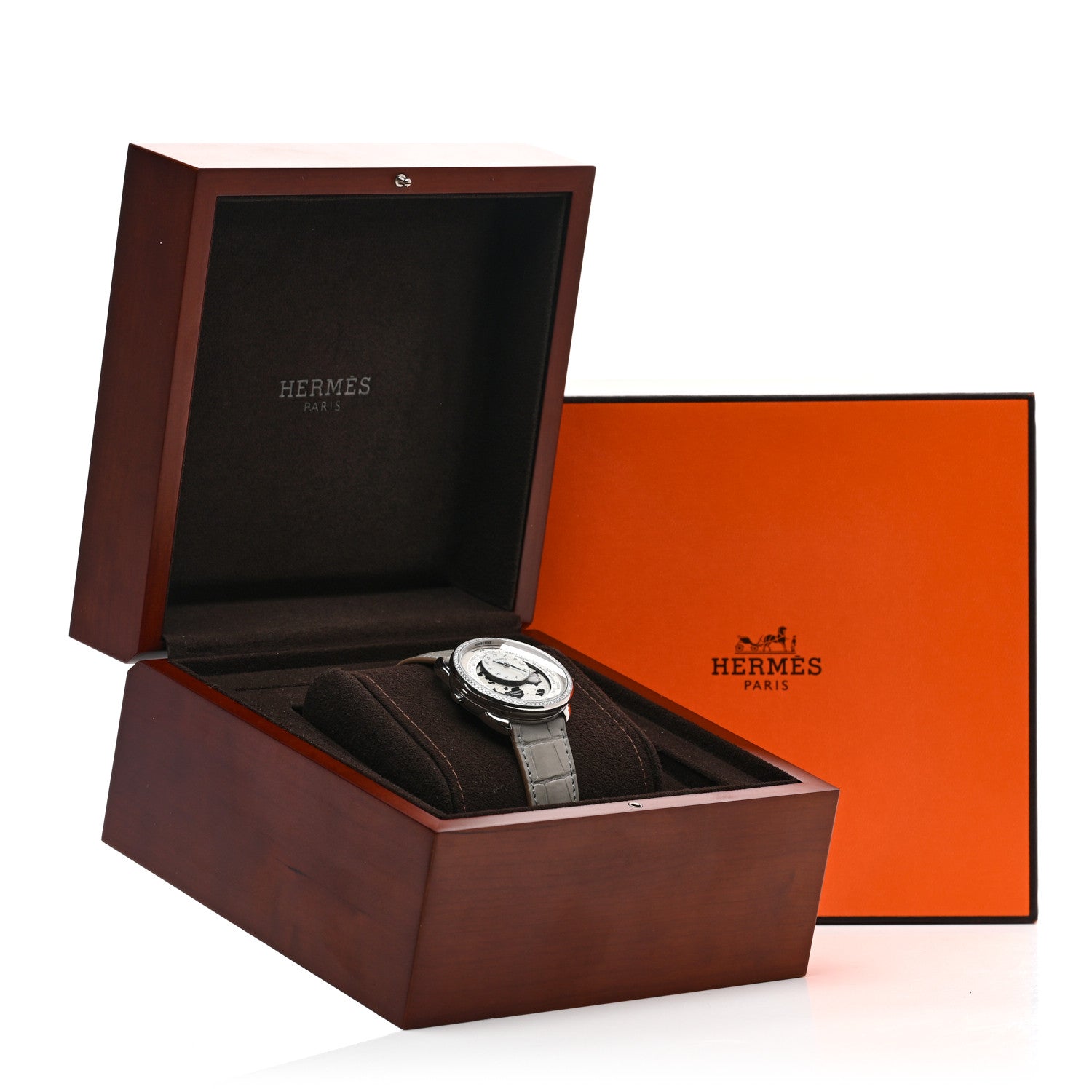 Hermes Stainless Steel Alligator Diamond Bezel Mother of Pearl 38mm Arceau Le Temps Voyageur Automatic Watch Gris Perle 5 of 5