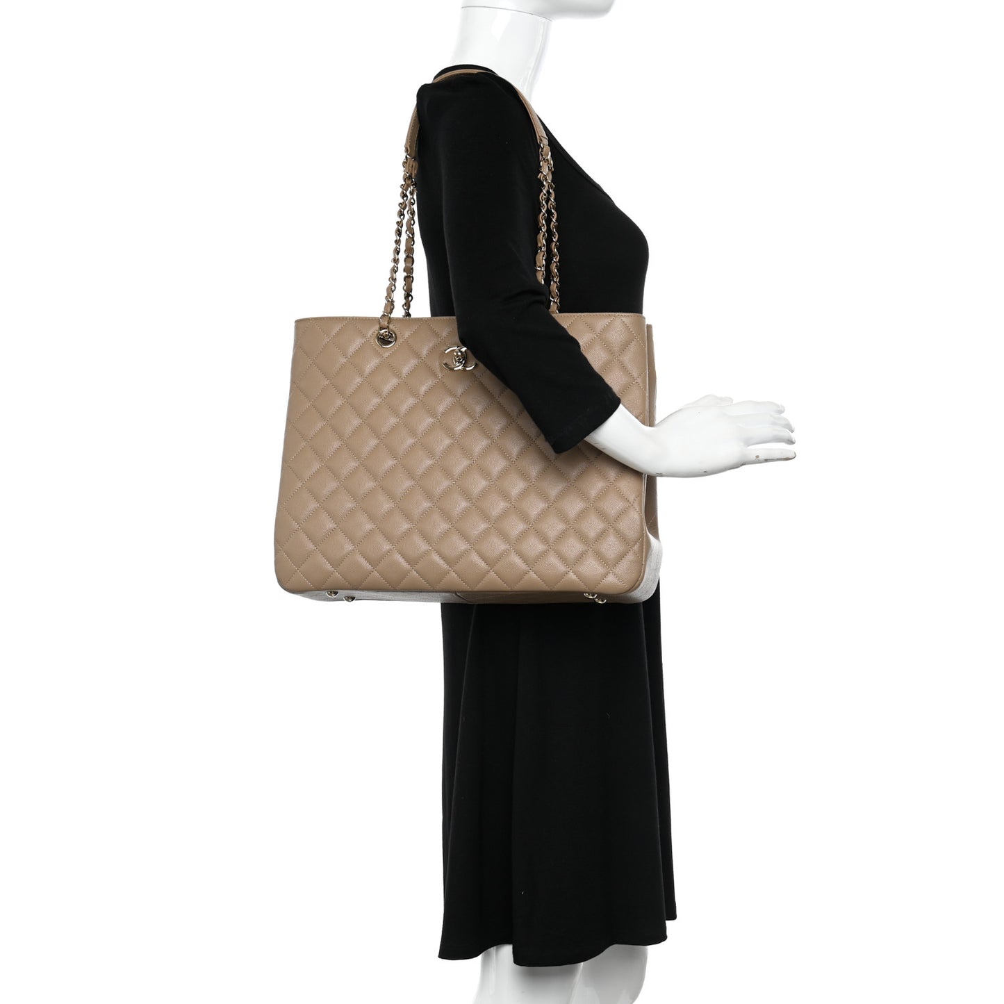 Calfskin Quilted Large Classic Shopping Tote Beige