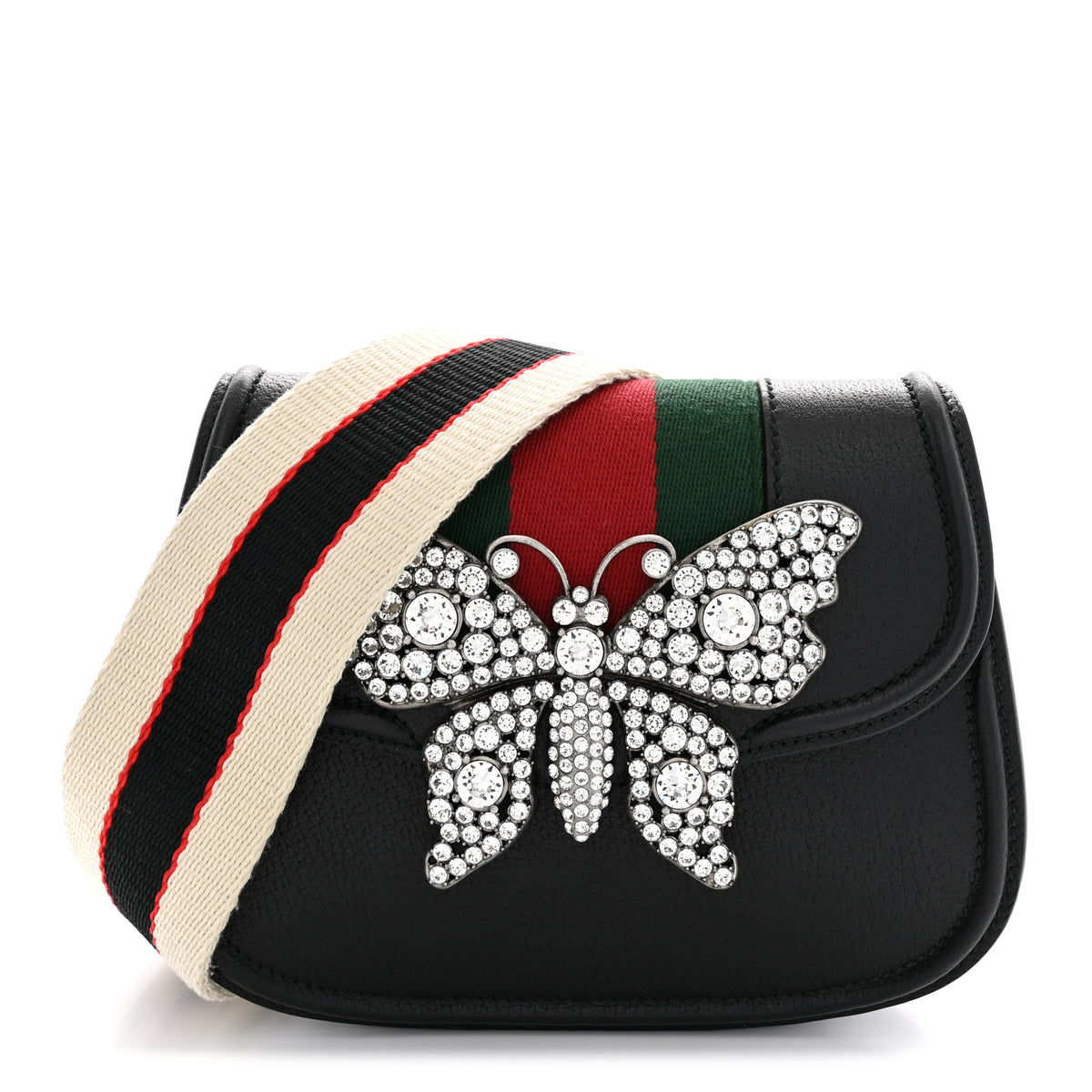 Calfskin Web Crystal Butterfly Stripe Small Totem Shoulder Bag Black
