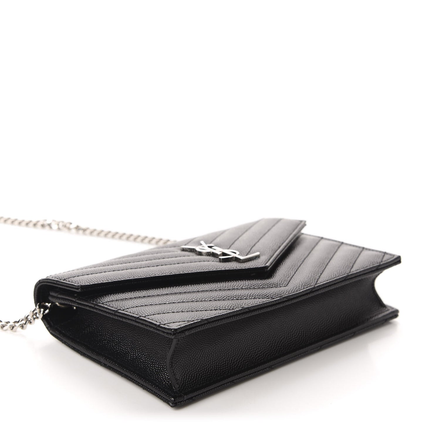 Grain De Poudre Matelasse Chevron Monogram Envelope Chain Wallet Black