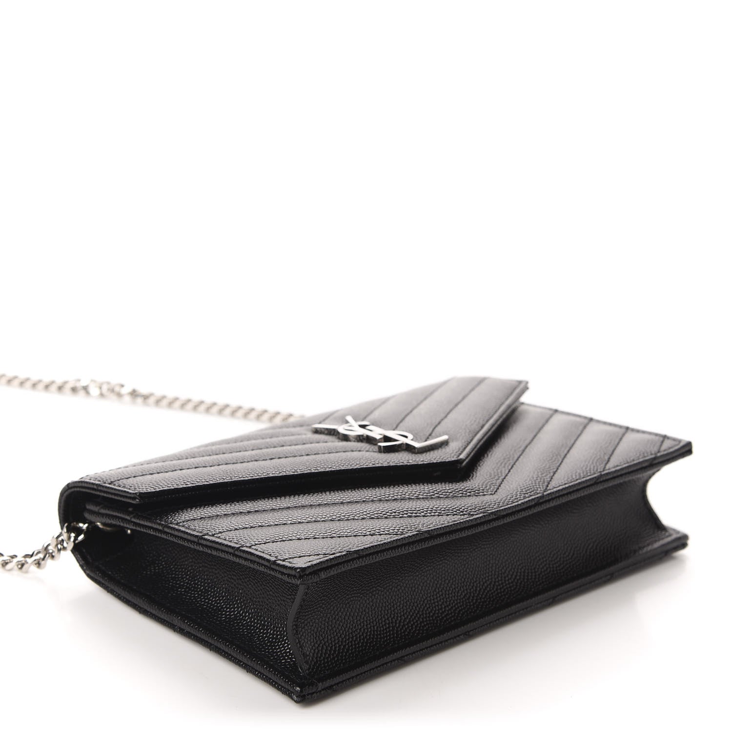 Saint Laurent Grain De Poudre Matelasse Chevron Monogram Envelope Chain Wallet Black 4 of 10