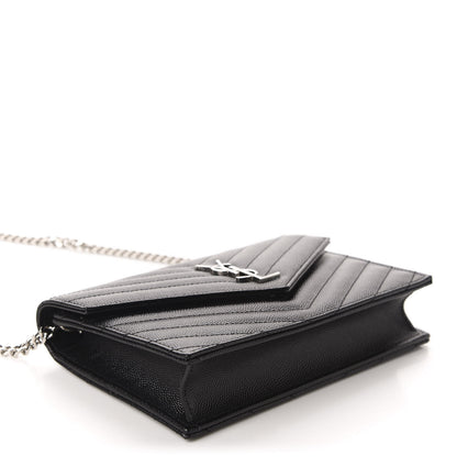 Saint Laurent Grain De Poudre Matelasse Chevron Monogram Envelope Chain Wallet Black 4 of 10