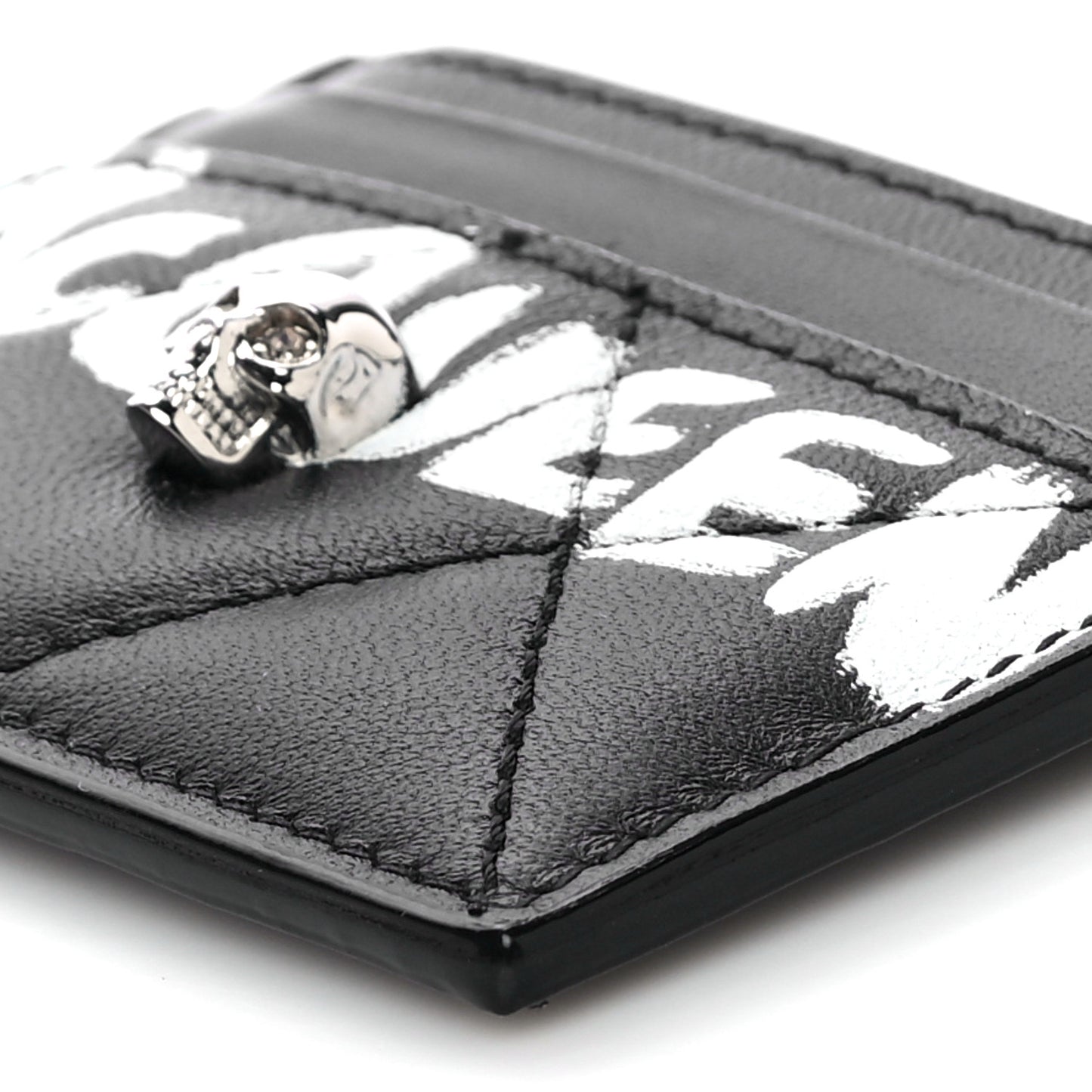 Calfskin Graffiti Skull Card Holder Black