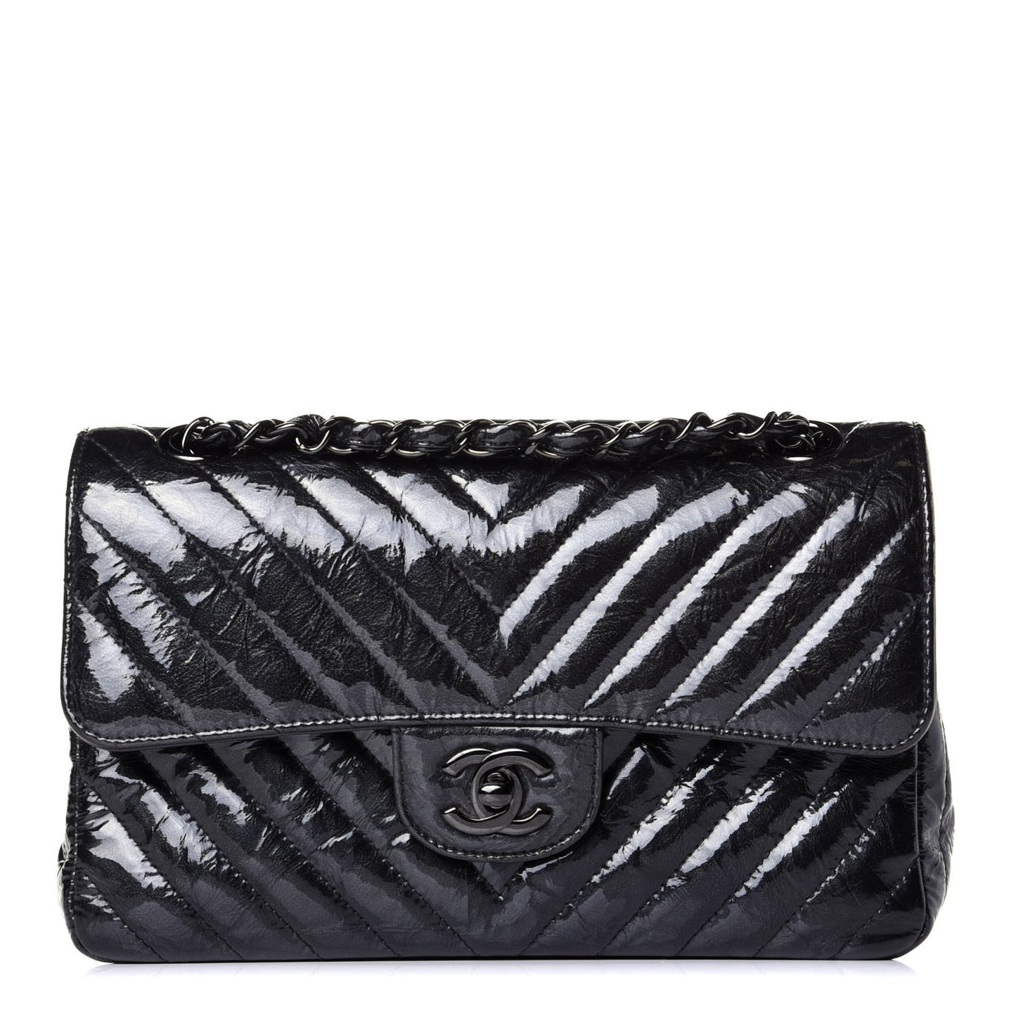 Patent Crumpled Calfskin Chevron Quilted Small Double Flap So Black