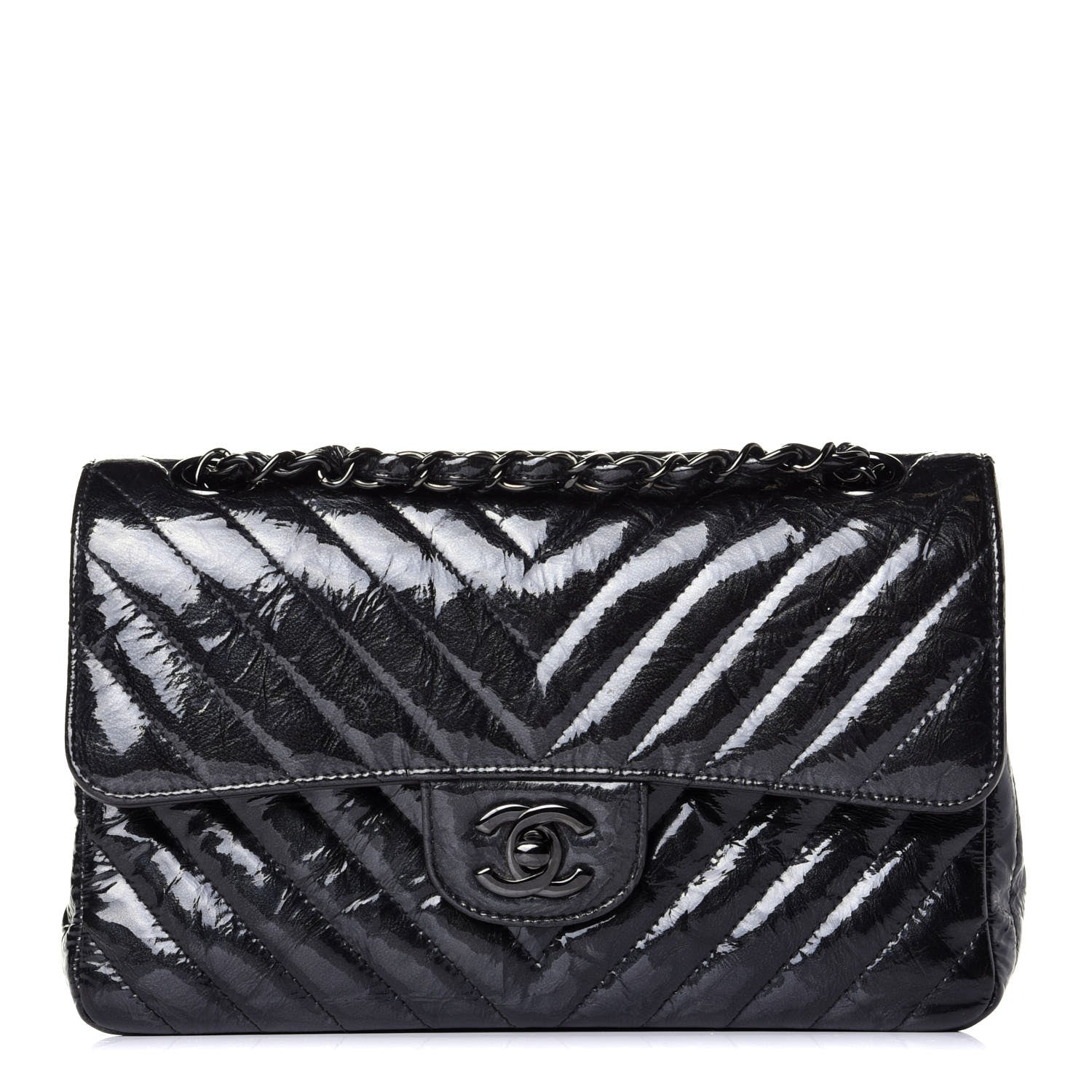 Chanel Patent Crumpled Calfskin Chevron Quilted Small Double Flap So Black 1 of 10