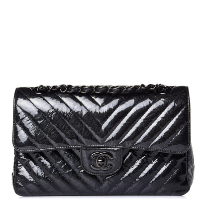Chanel Patent Crumpled Calfskin Chevron Quilted Small Double Flap So Black 1 of 10