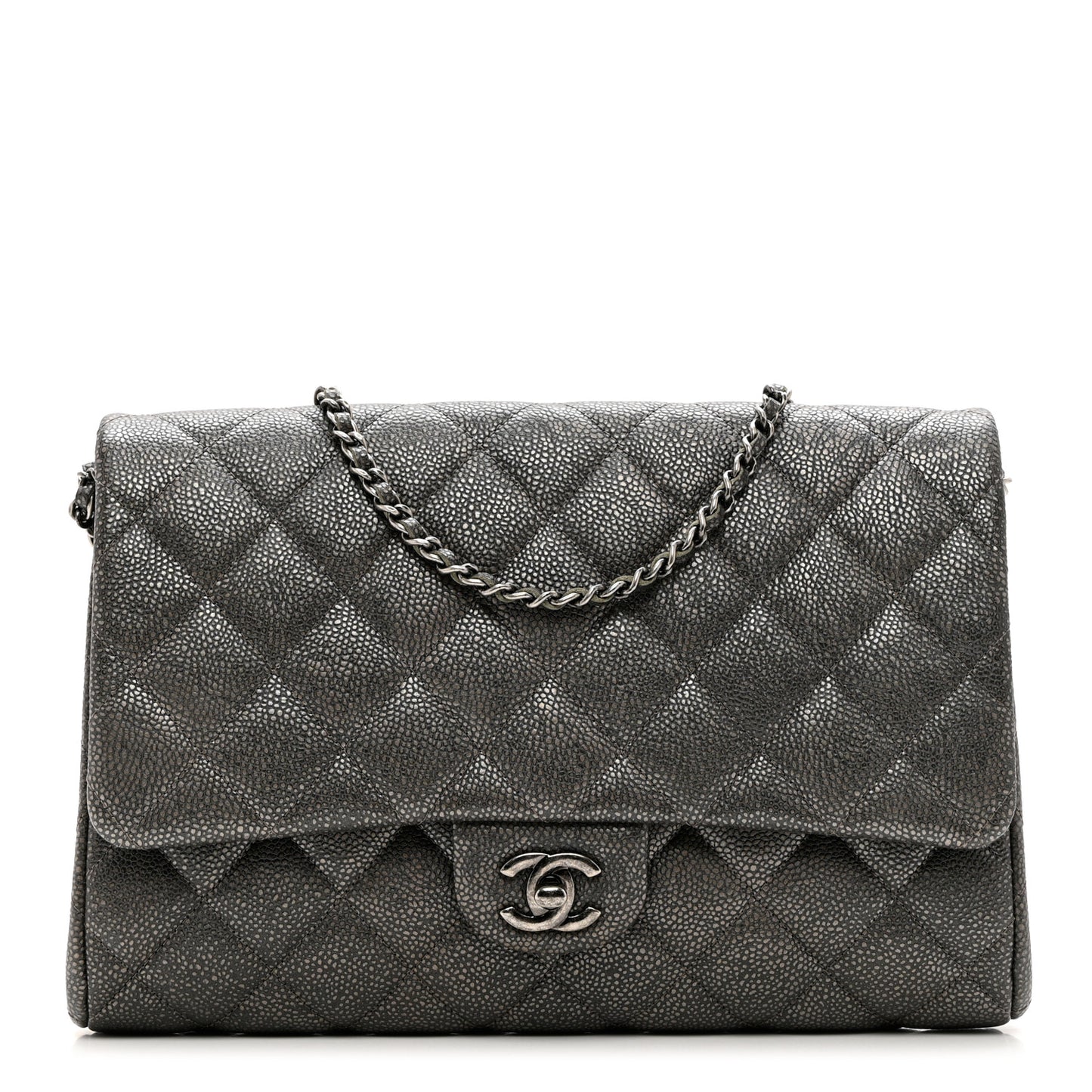 Metallic Caviar Quilted Clutch With Chain Flap Dark Silver