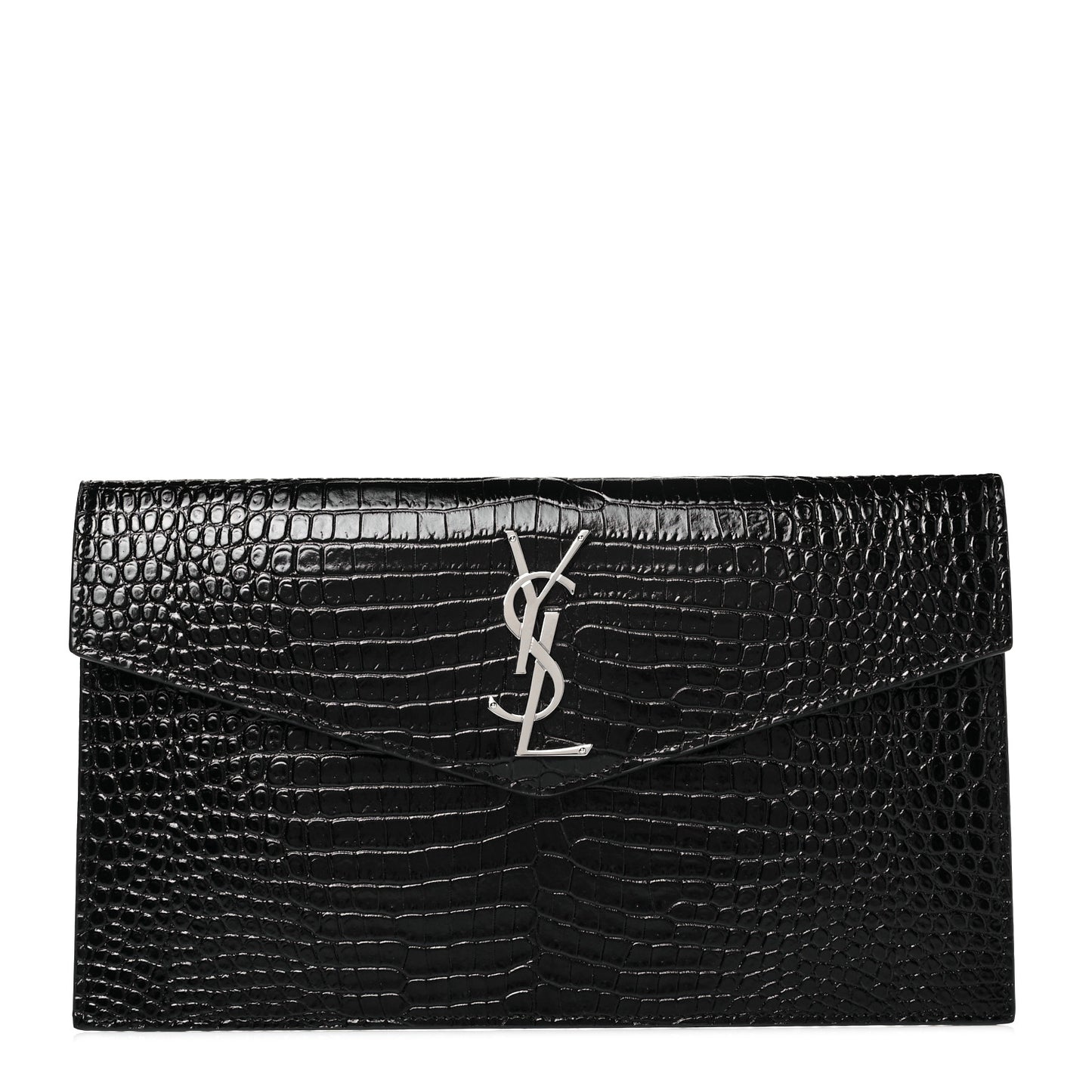 Calfskin Crocodile Embossed Uptown Monogram Clutch Black