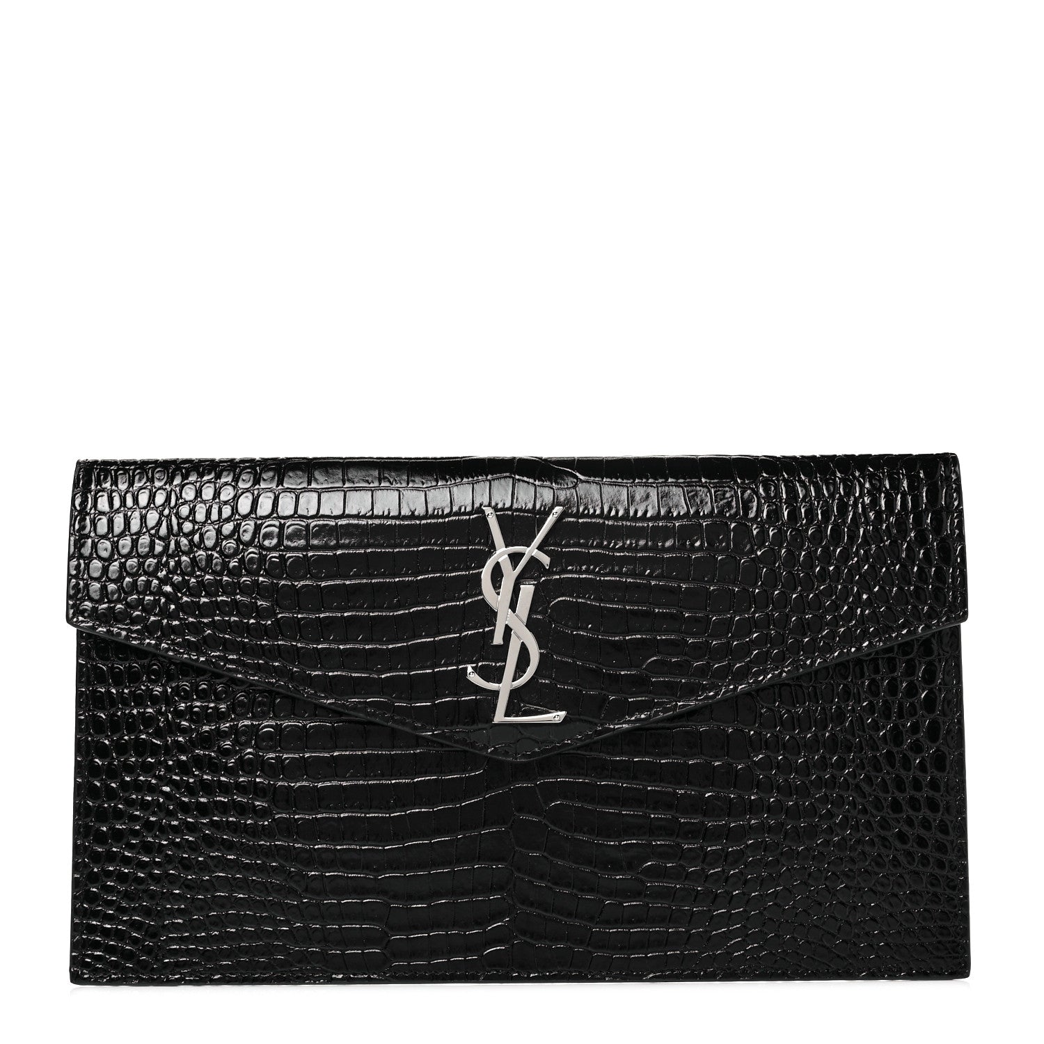 Saint Laurent Calfskin Crocodile Embossed Uptown Monogram Clutch Black 1 of 9