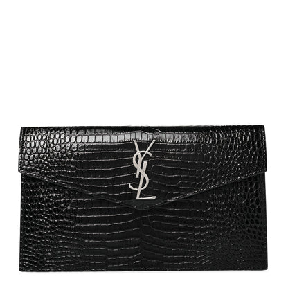 Saint Laurent Calfskin Crocodile Embossed Uptown Monogram Clutch Black 1 of 9