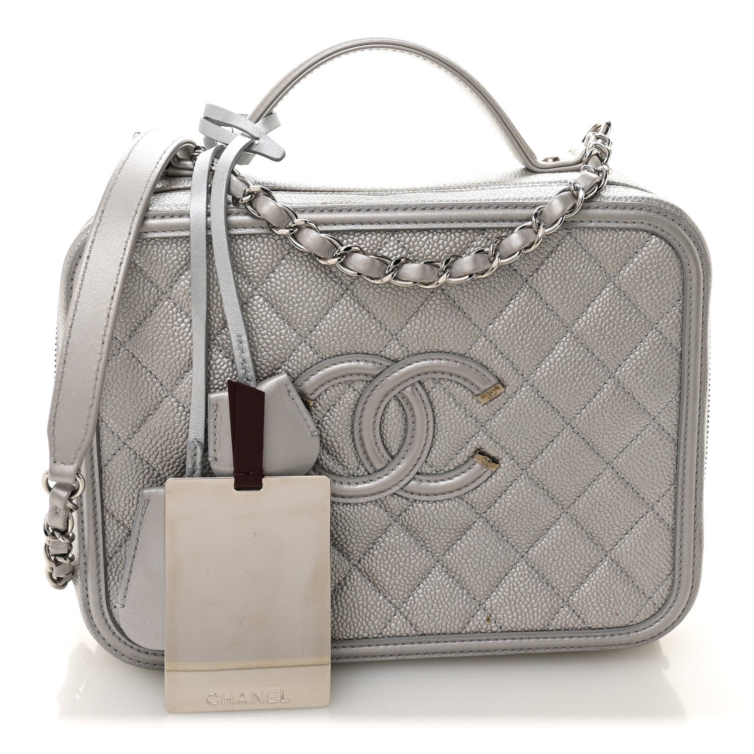 Chanel Metallic Caviar Quilted Large CC Filigree Vanity Case Silver 3 of 11
