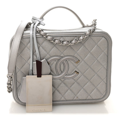 Chanel Metallic Caviar Quilted Large CC Filigree Vanity Case Silver 3 of 11