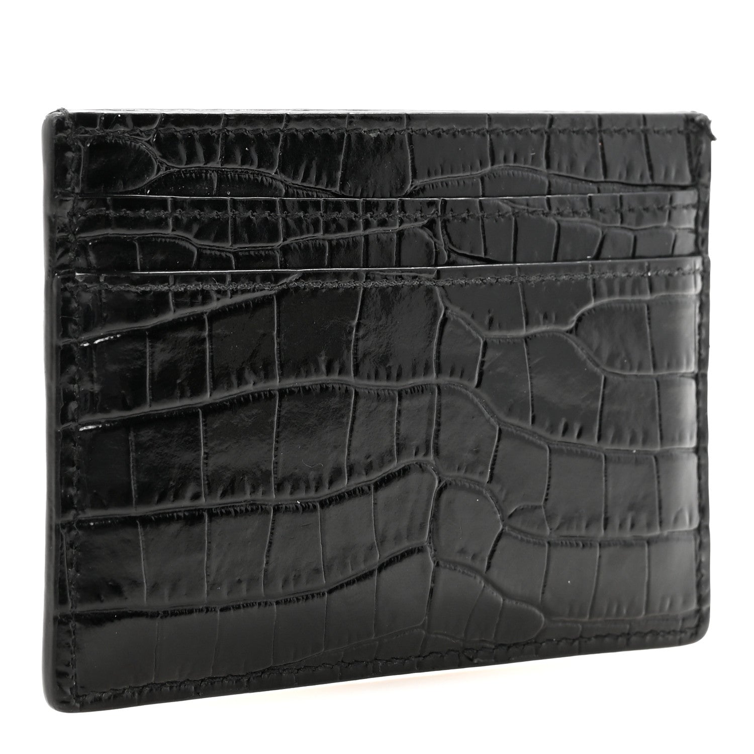 Saint Laurent Calfskin Crocodile Embossed Monogram Credit Card Case Black 3 of 8