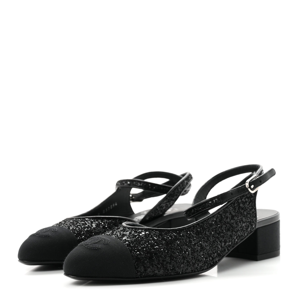 Glitter Grosgrain Cap Toe CC Ankle Wrap Pumps 37 Black