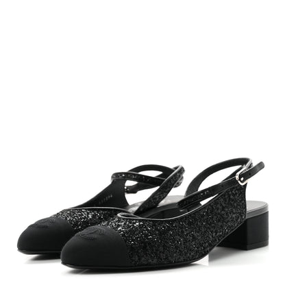Chanel Glitter Grosgrain Cap Toe CC Ankle Wrap Pumps 37 Black 4 of 9