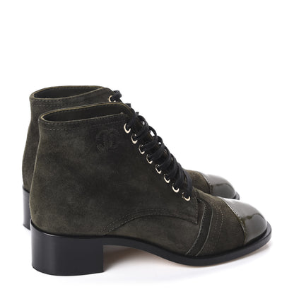 Chanel Suede Patent CC Lace Up Boots 35.5 Green 4 of 11
