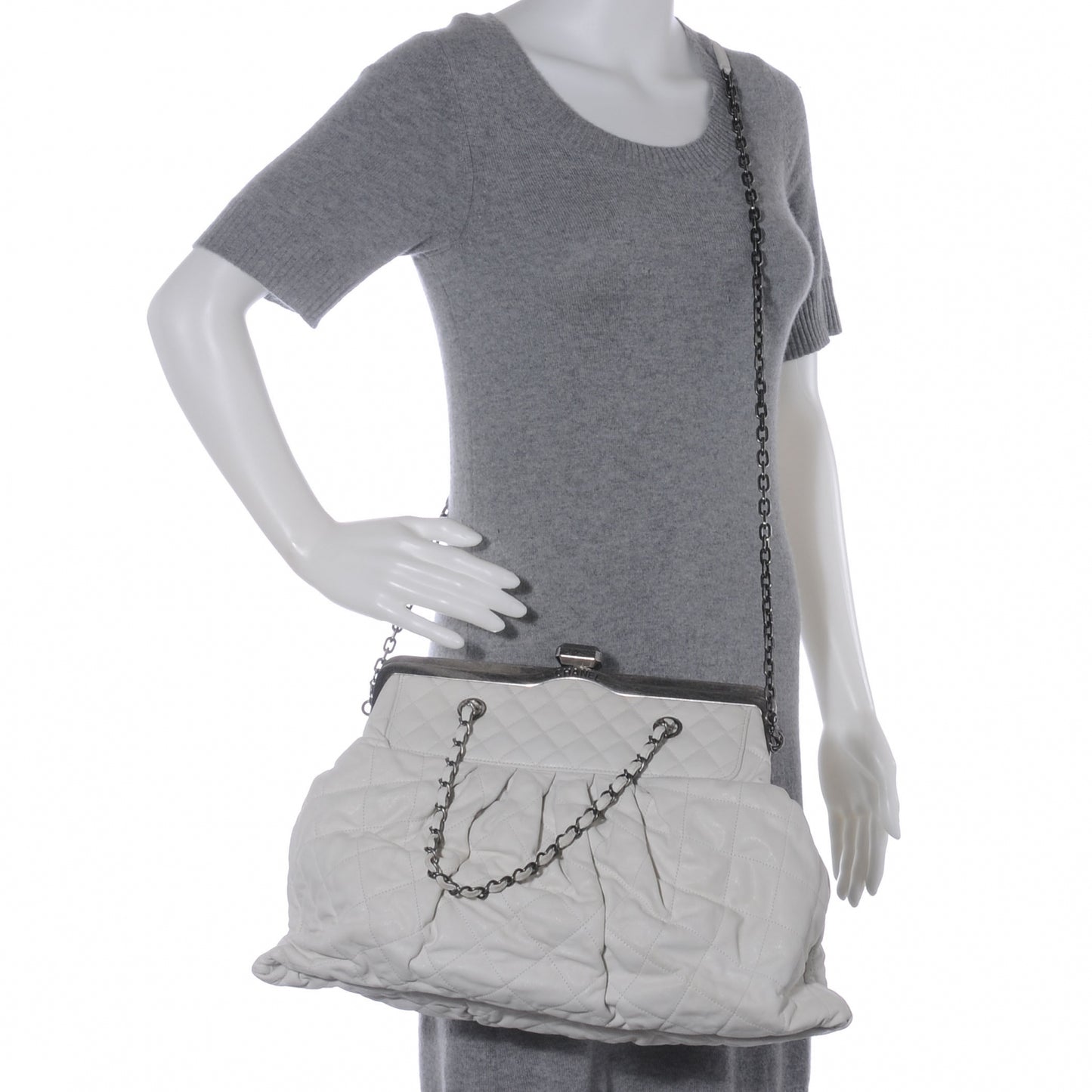 Iridescent Calfskin Chic Quilt Frame Tote White