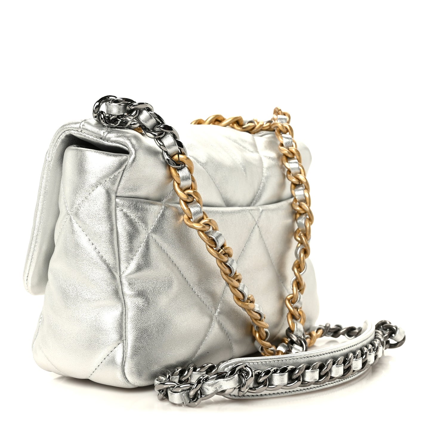 Metallic Lambskin Quilted Medium Chanel 19 Flap Silver