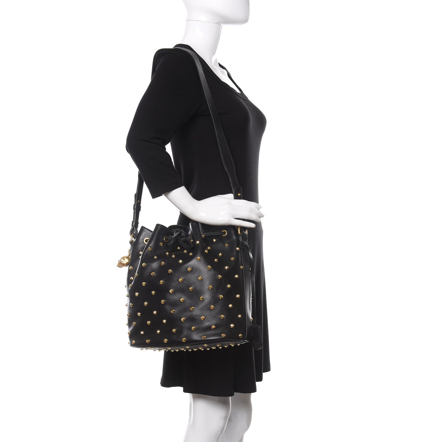 Calfskin Studded Padlock Bucket Bag Black