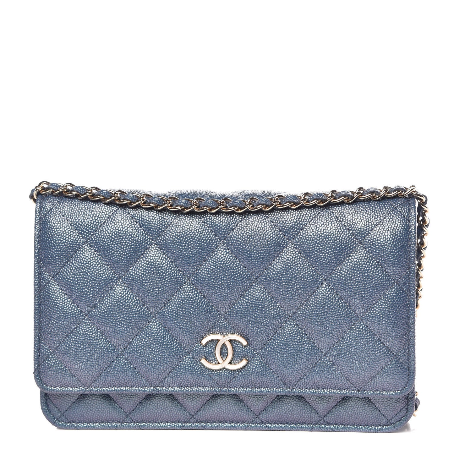 Iridescent Caviar Quilted Wallet on Chain WOC Dark Blue