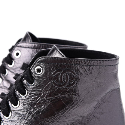 Chanel Metallic Calfskin CC Lace Up Boots 38.5 Silver Black 4 of 12