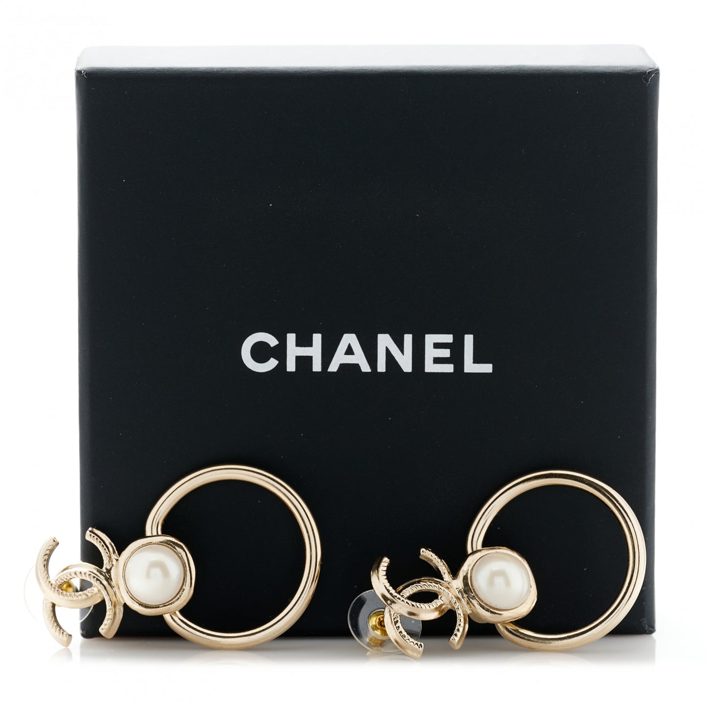 Metal Pearl CC Hoop Drop Earrings Gold