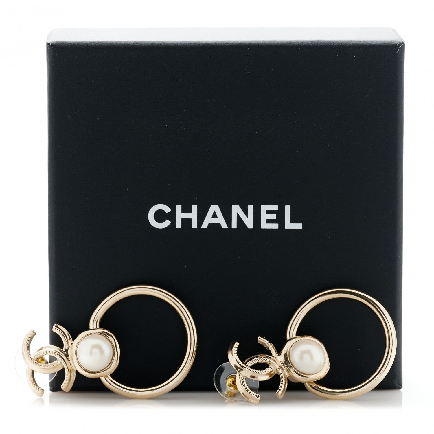 Chanel Metal Pearl CC Hoop Drop Earrings Gold 4 of 4