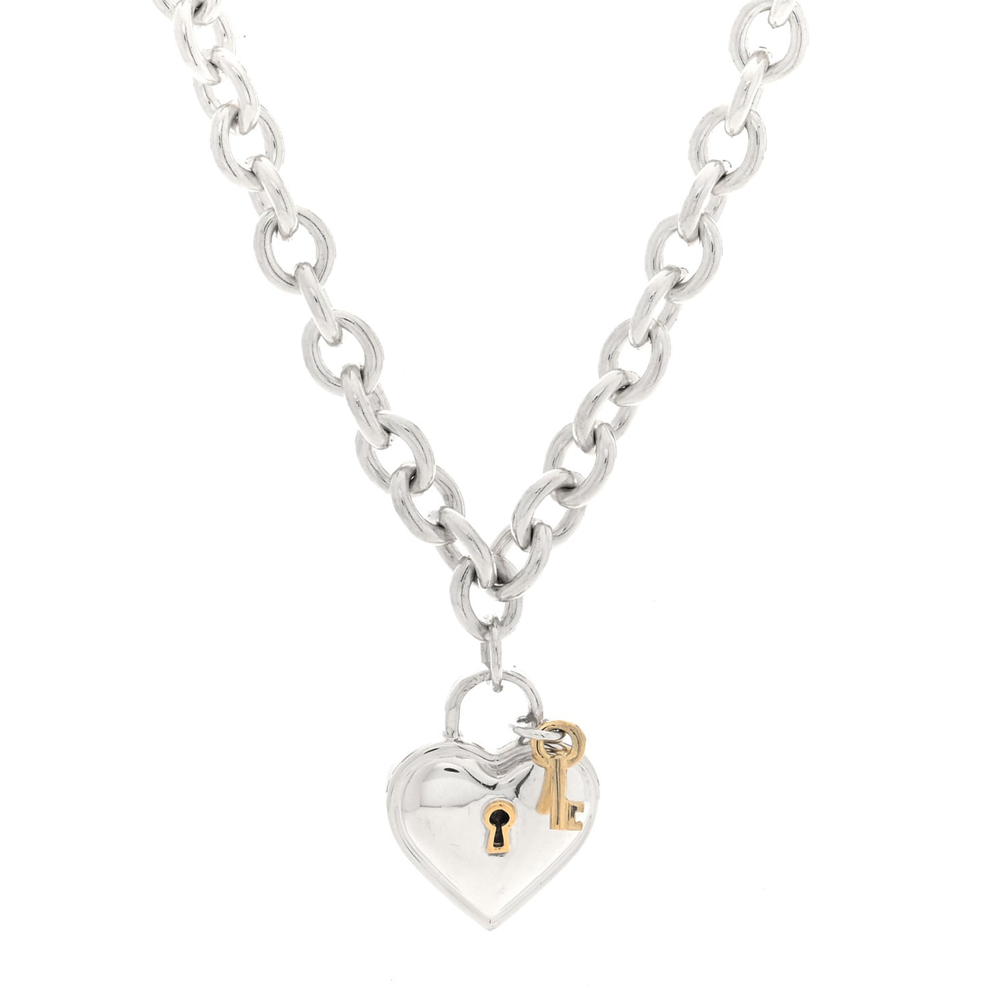 Sterling Silver 18K Yellow Gold Heart Lock Key Pendant Necklace