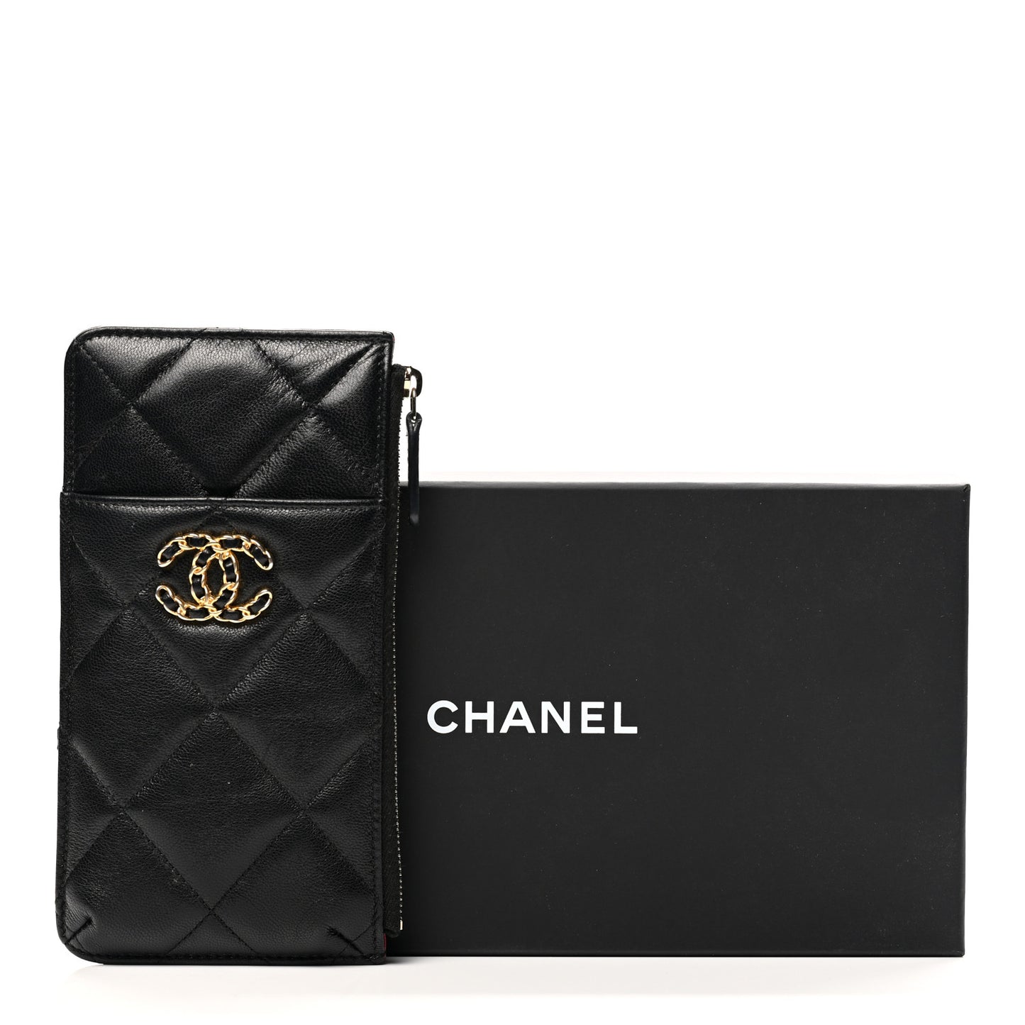 Shiny Goatskin Quilted Chanel 19 Phone and Card Holder Black