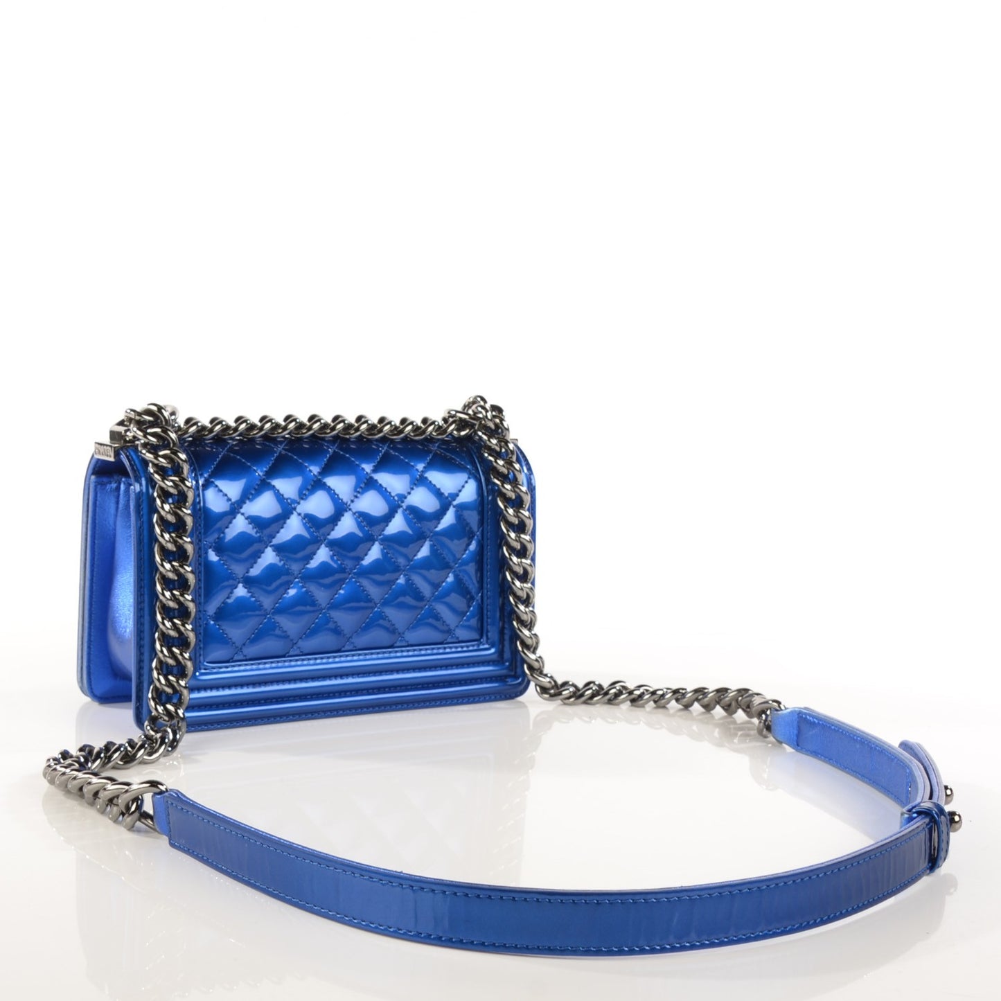 Metallic Patent Calfskin Quilted Small Boy Flap Blue