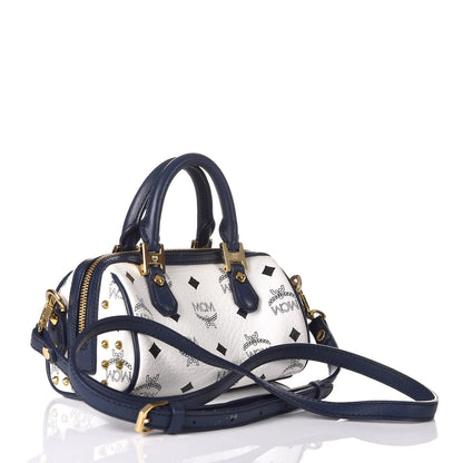 MCM Visetos Studded Mini Boston Bag White Navy 3 of 13