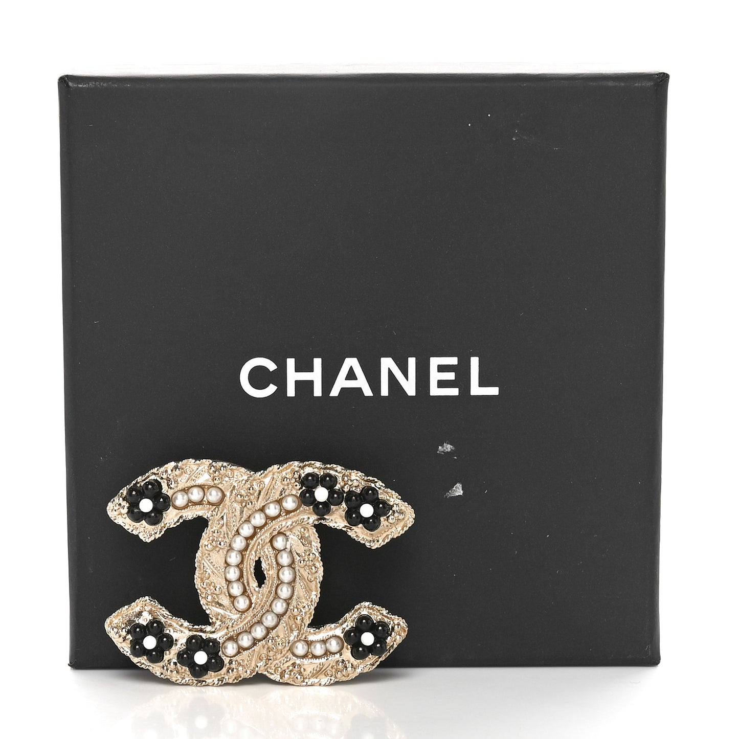 Pearl Resin Flower CC Brooch Black Gold