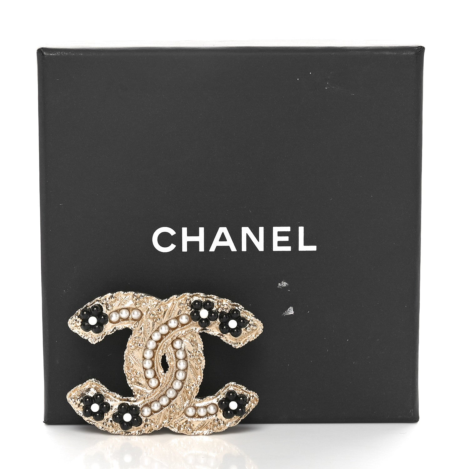 Chanel Pearl Resin Flower CC Brooch Black Gold 5 of 5