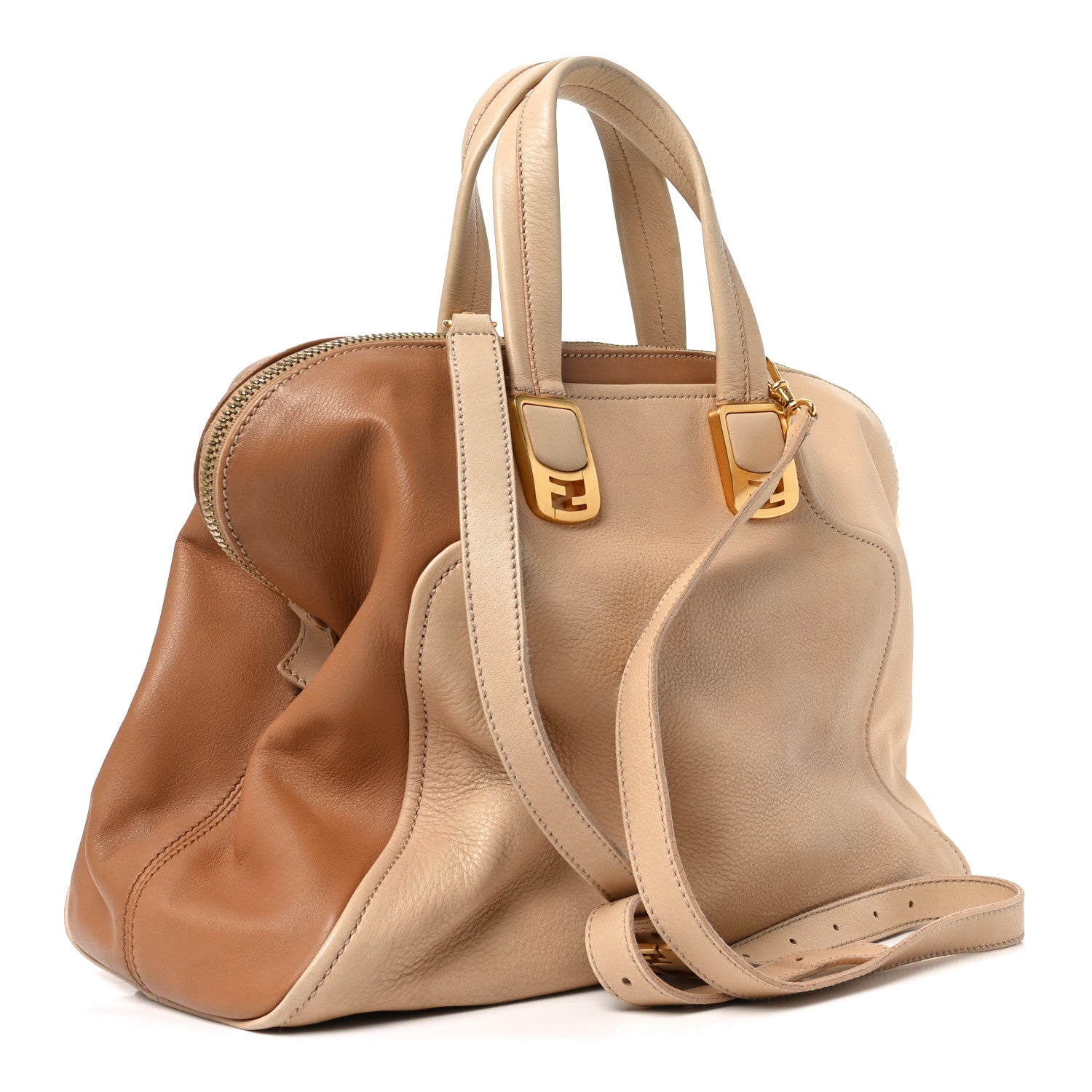 Fendi Capra Vitello Dolce Marmol Colorblock Large Chameleon Tote Cipria Makeup Camel 3 of 10