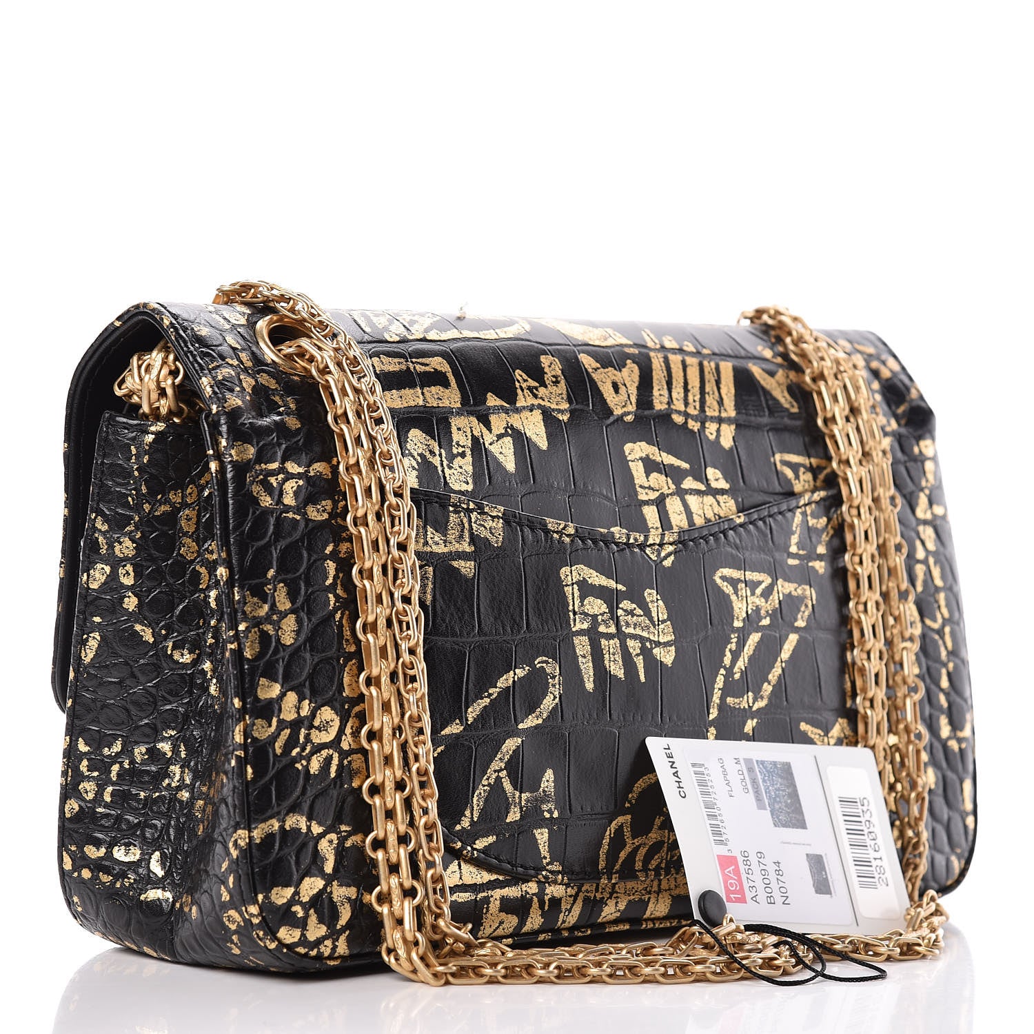 Chanel Calfskin Crocodile Embossed Graffiti 2.55 Cocodile Reissue 225 Flap Black Gold 3 of 14