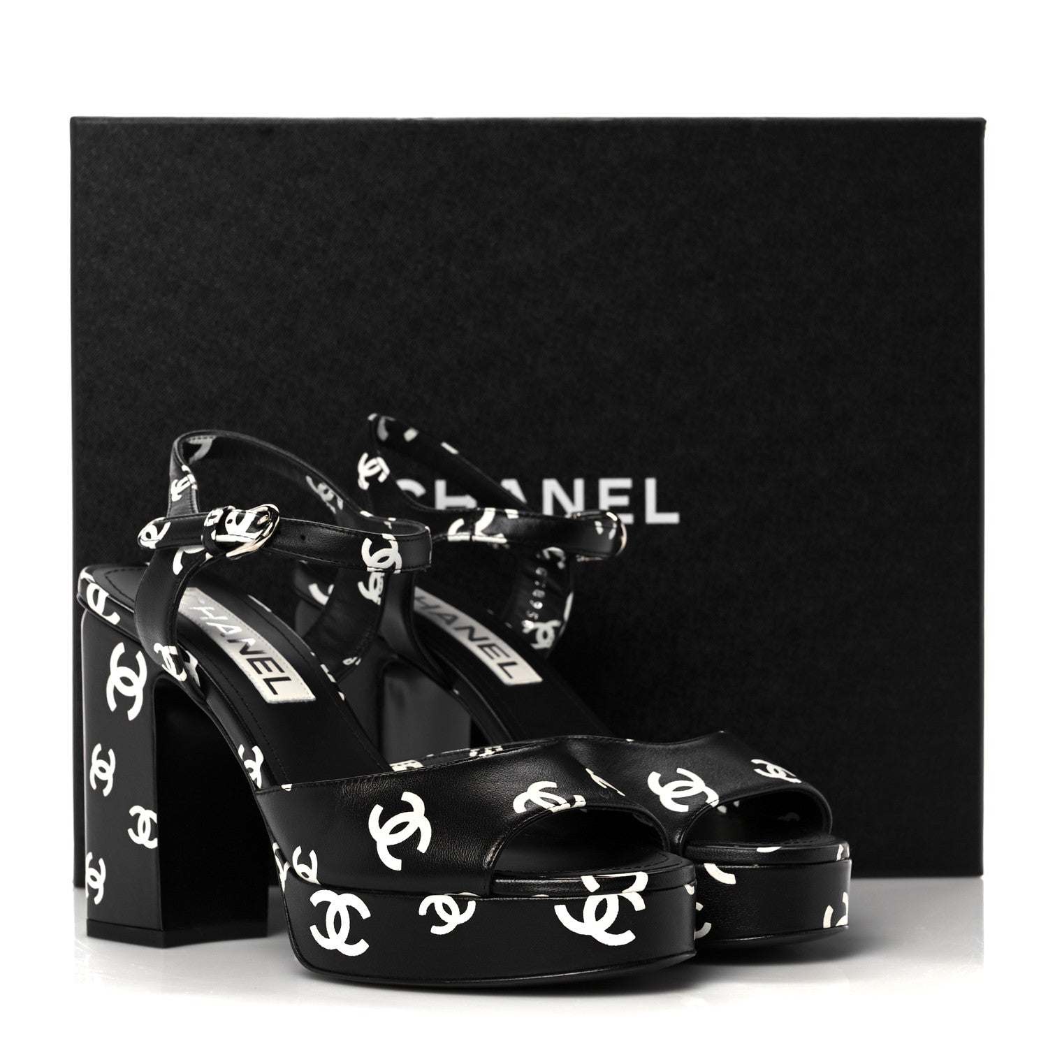 Chanel Printed Lambskin Coco Beach Platform Sandals 37 Black White 9 of 9