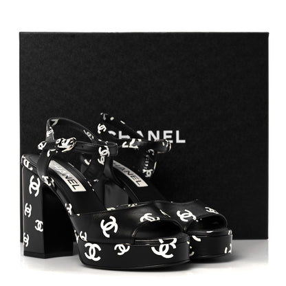 Chanel Printed Lambskin Coco Beach Platform Sandals 37 Black White 9 of 9