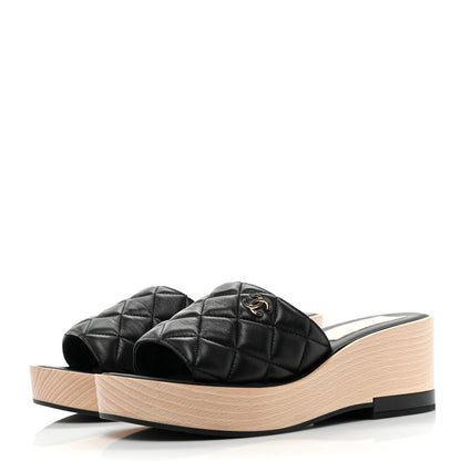 Chanel Lambskin Quilted CC Wedge Sandals 40 Black 3 of 8
