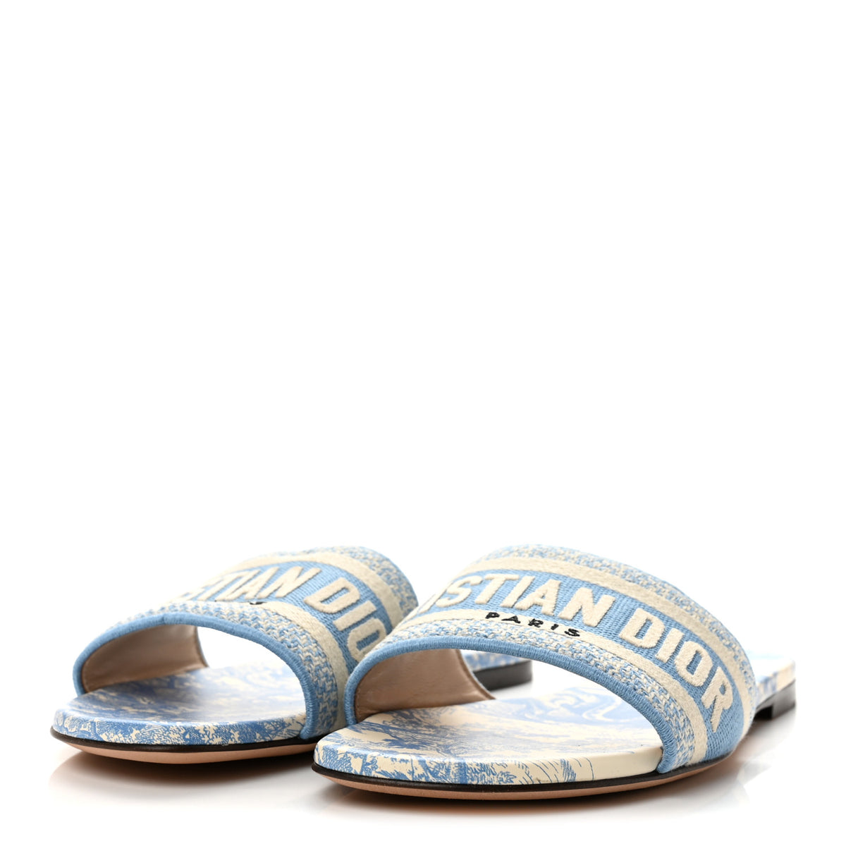 Canvas Toile De Jouy Embroidered Dway Flat Slide Sandals 37.5 Cornflower