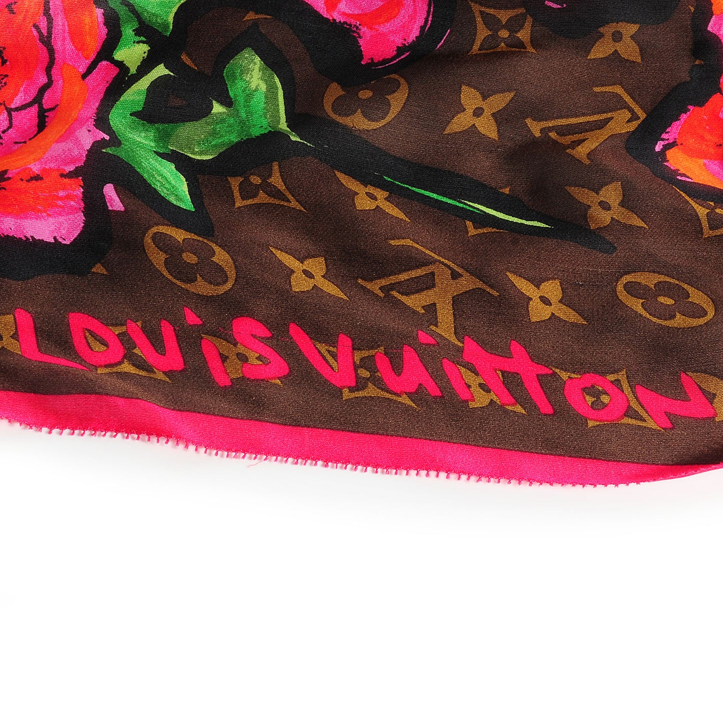 Silk Monogram Roses Scarf Marron